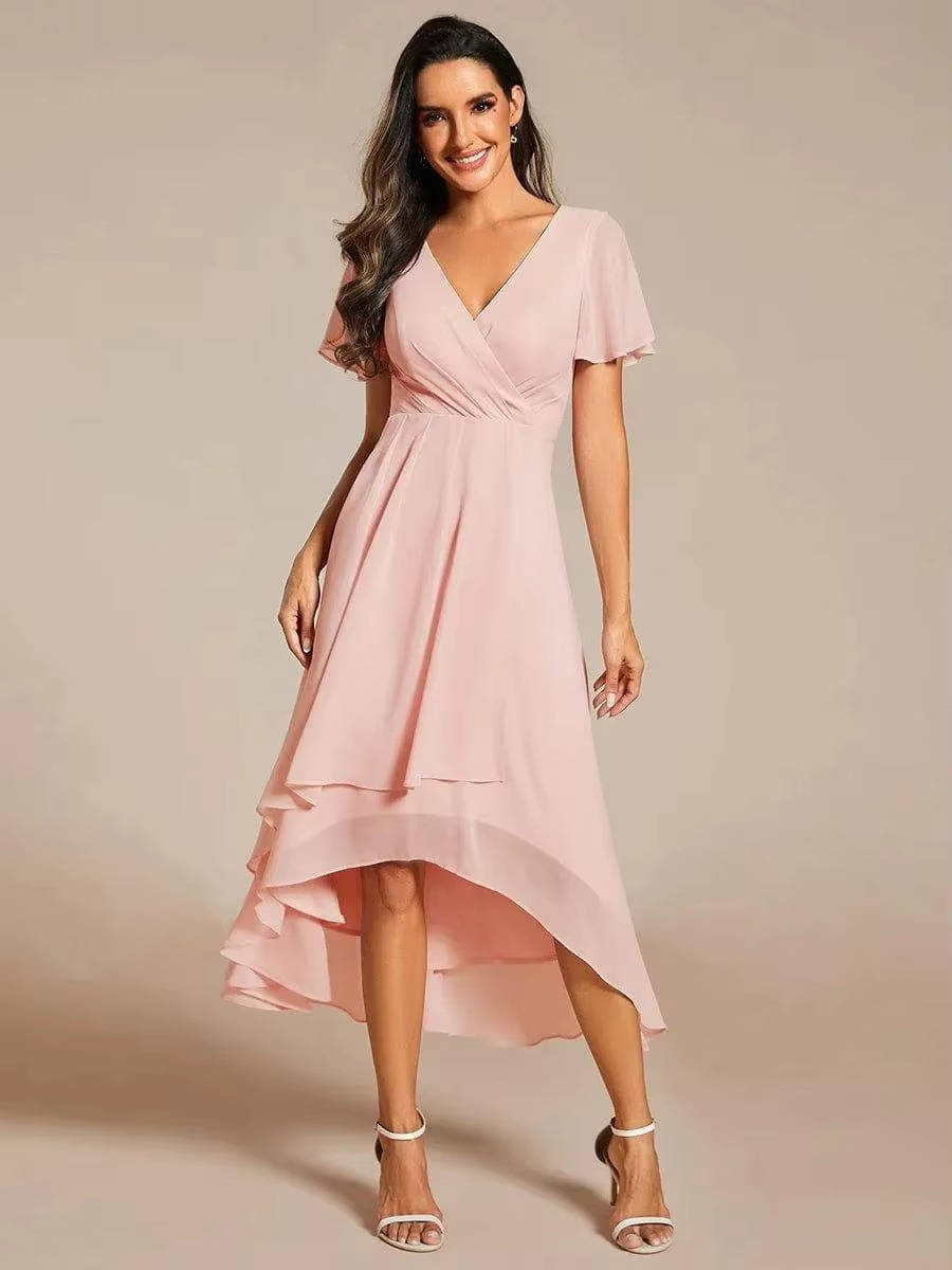 Carol | Wrap V-Neck Wedding Guest Midi Dress With High-Low Hem