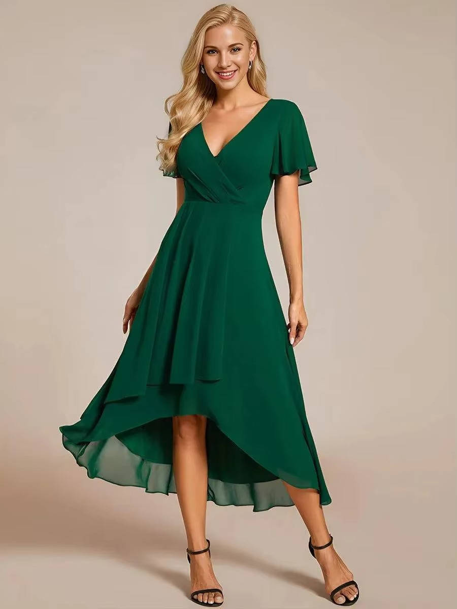 Carol | Wrap V-Neck Wedding Guest Midi Dress With High-Low Hem