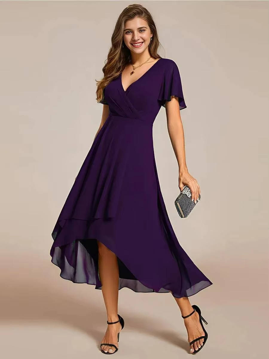 Carol | Wrap V-Neck Wedding Guest Midi Dress With High-Low Hem