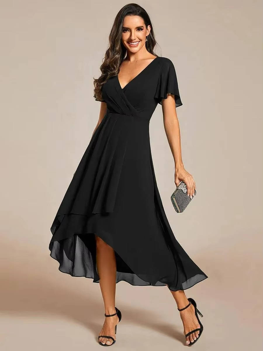 Carol | Wrap V-Neck Wedding Guest Midi Dress With High-Low Hem