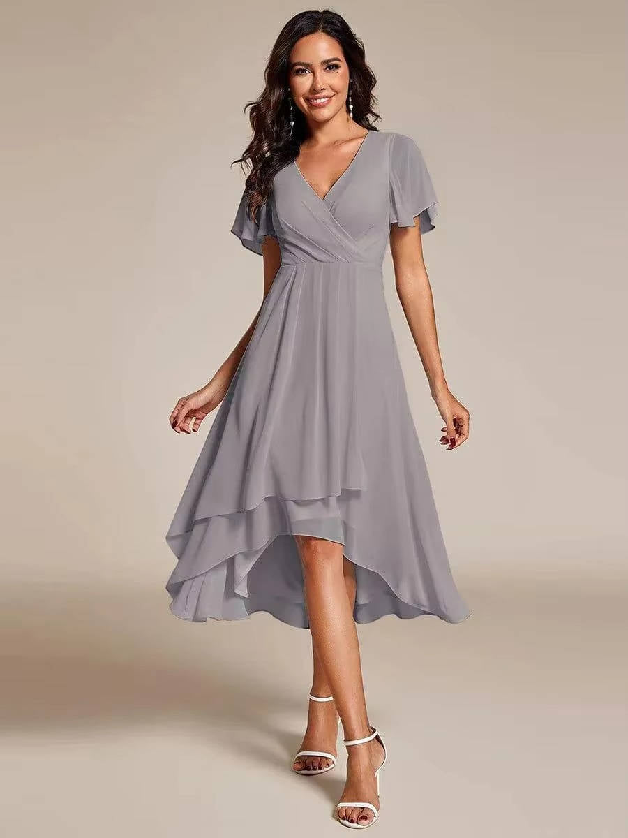 Carol | Wrap V-Neck Wedding Guest Midi Dress With High-Low Hem