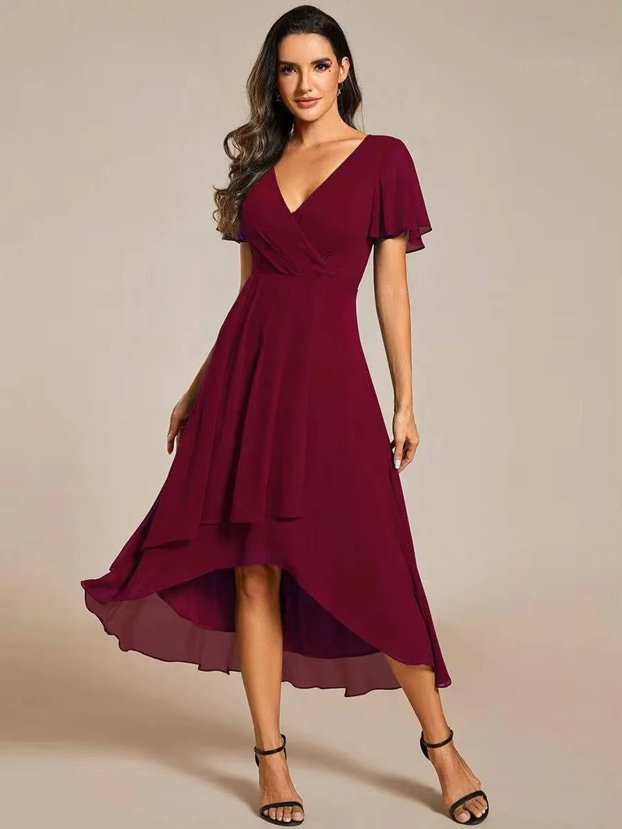 Carol | Wrap V-Neck Wedding Guest Midi Dress With High-Low Hem