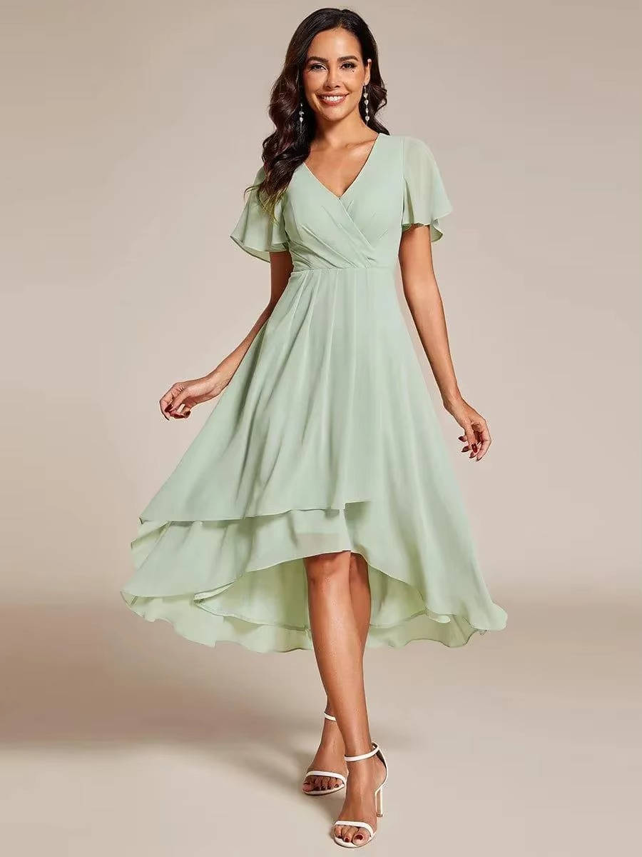 Carol | Wrap V-Neck Wedding Guest Midi Dress With High-Low Hem