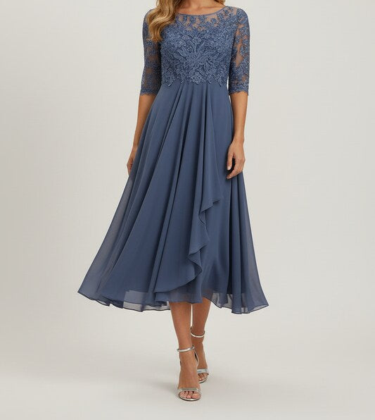 Christine | Elegant Lace Midi Dress with Flowy Chiffon Skirt