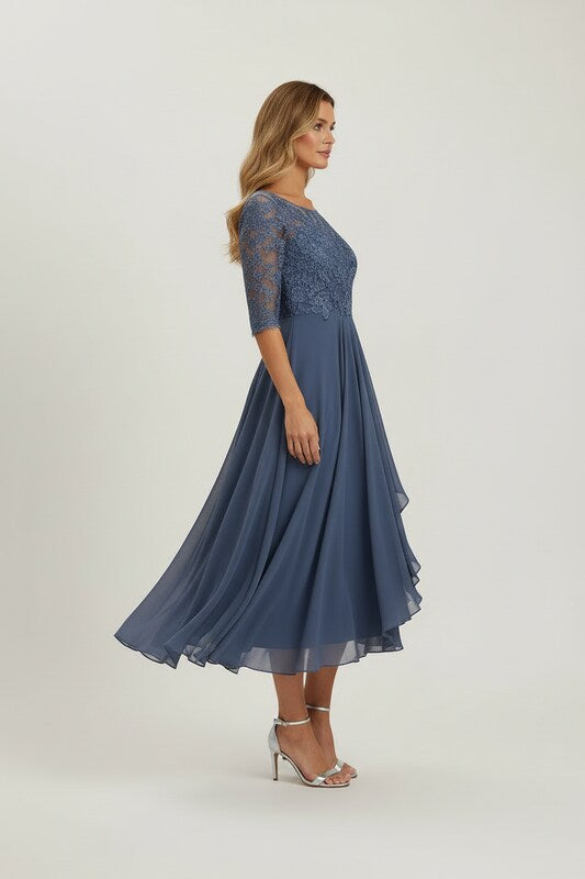 Christine | Elegant Lace Midi Dress with Flowy Chiffon Skirt