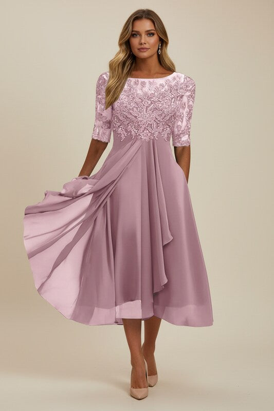 Christine | Elegant Lace Midi Dress with Flowy Chiffon Skirt