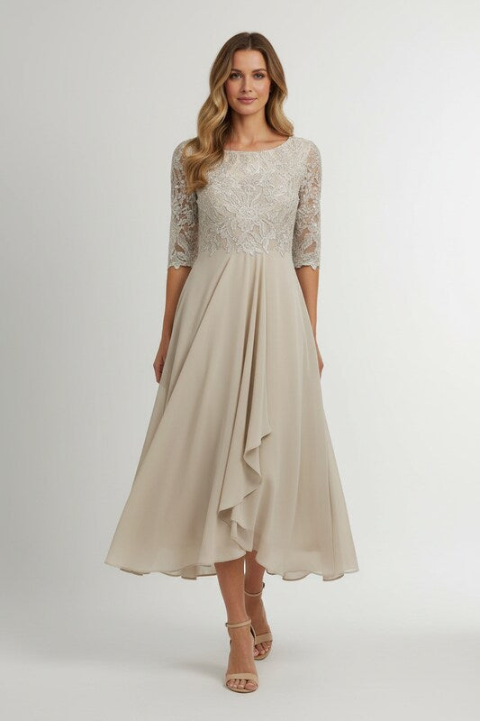 Christine | Elegant Lace Midi Dress with Flowy Chiffon Skirt