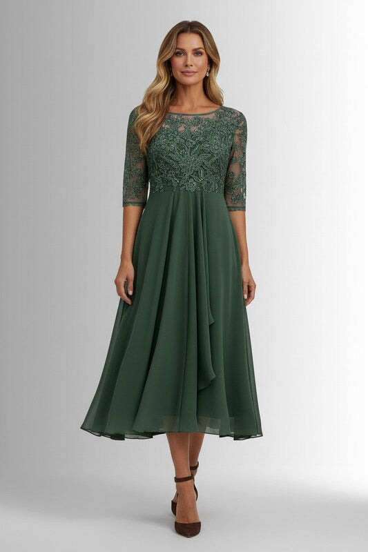 Christine | Elegant Lace Midi Dress with Flowy Chiffon Skirt