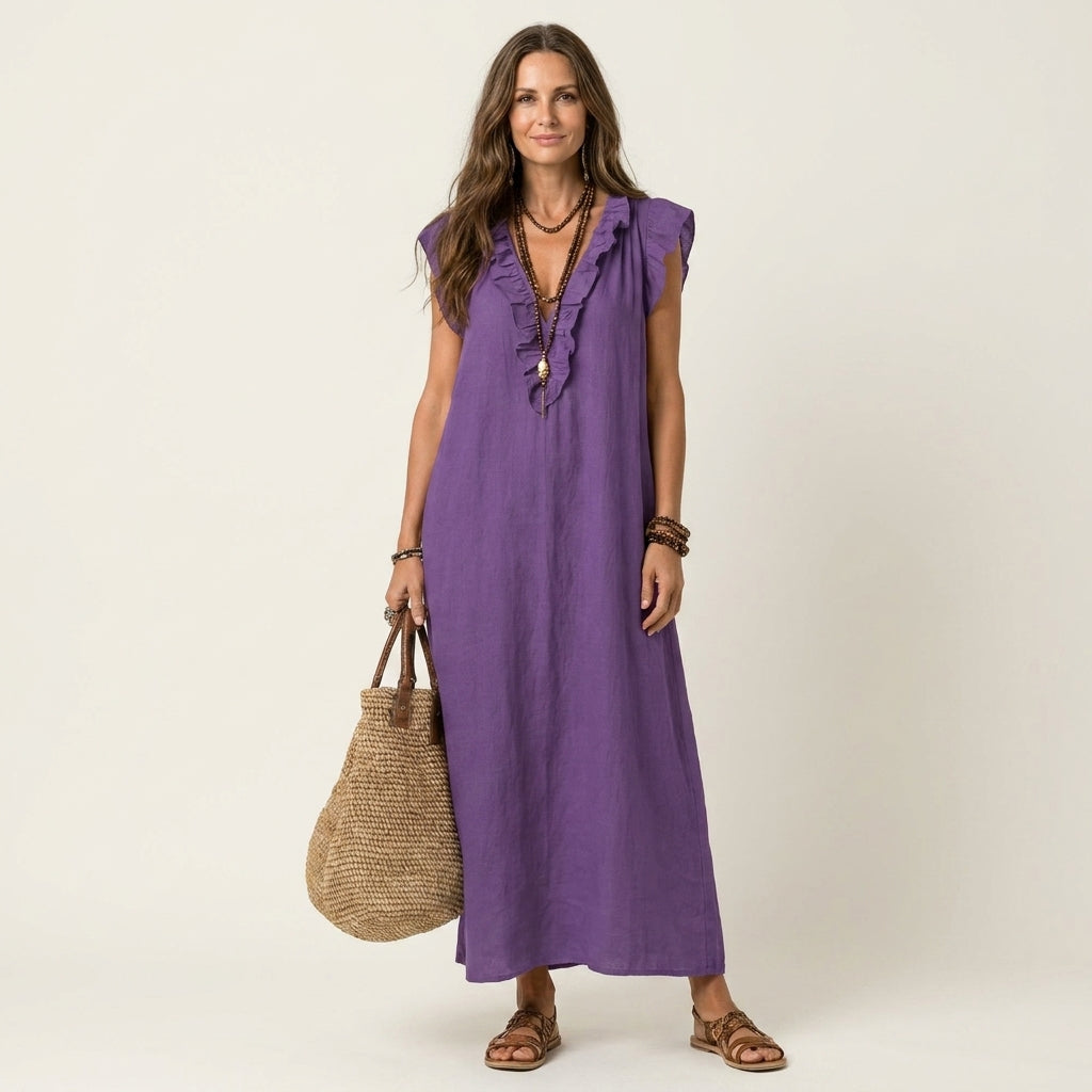 Diane | Ruffle V-Neck Linen Maxi Dress