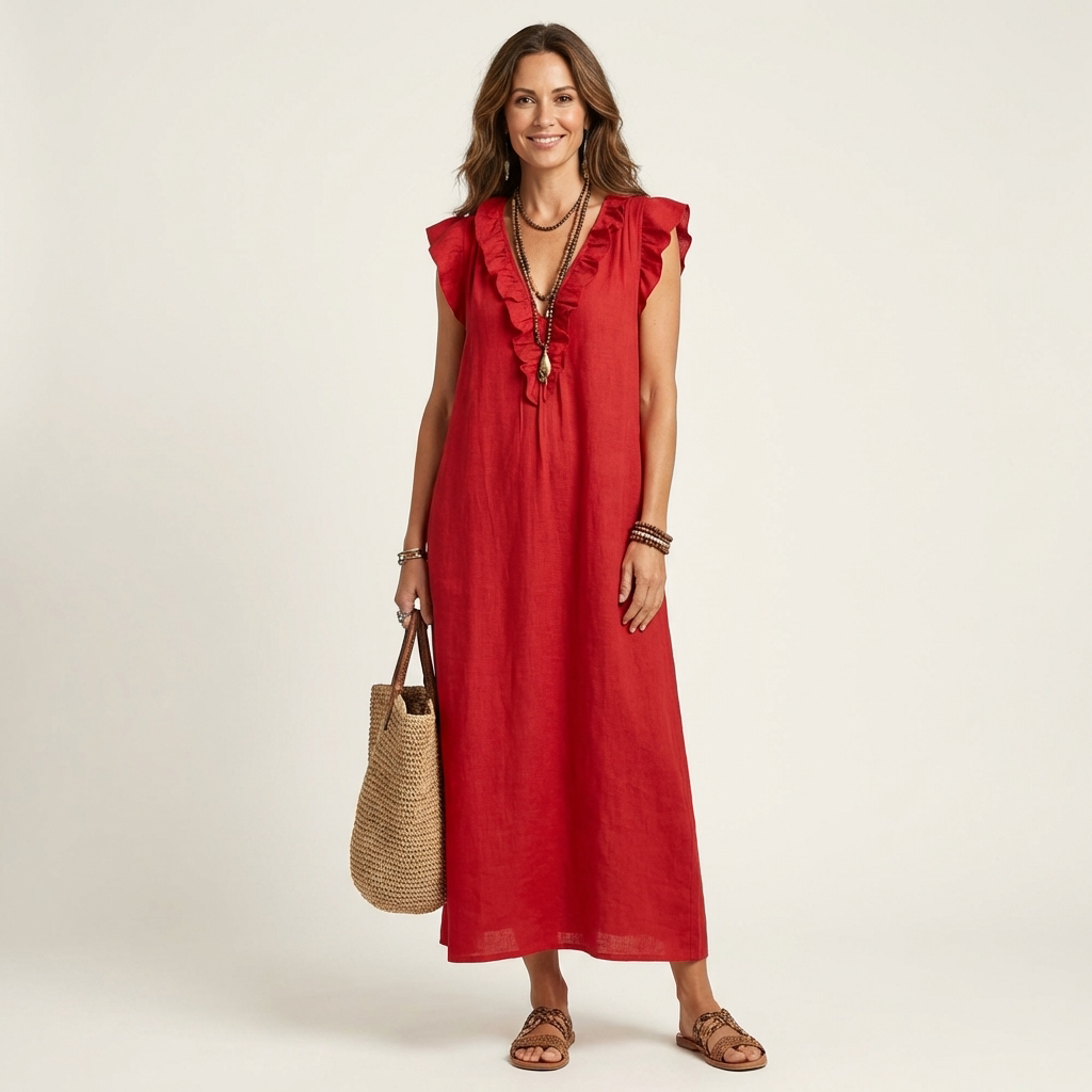 Diane | Ruffle V-Neck Linen Maxi Dress