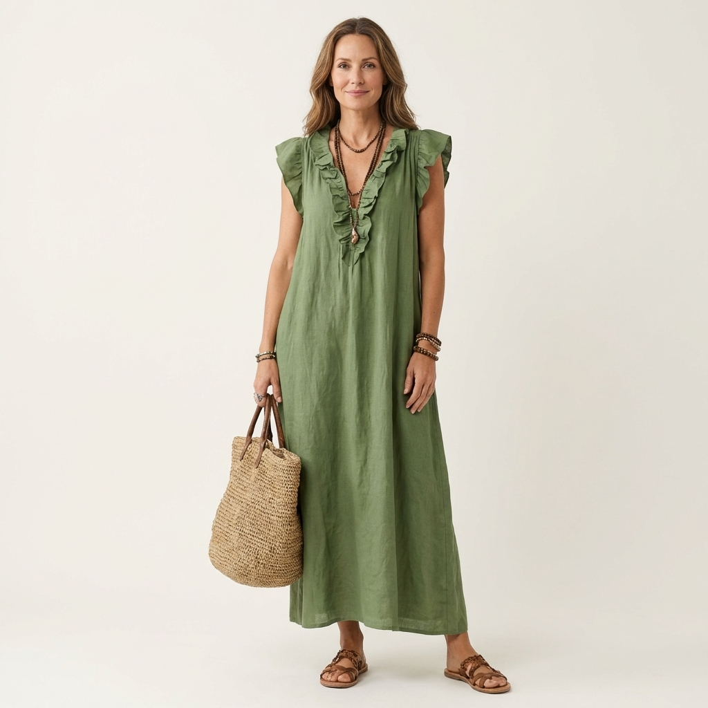 Diane | Ruffle V-Neck Linen Maxi Dress
