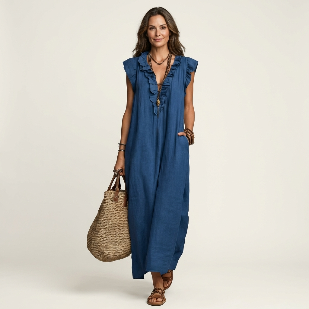 Diane | Ruffle V-Neck Linen Maxi Dress