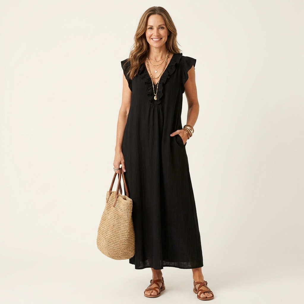 Diane | Ruffle V-Neck Linen Maxi Dress