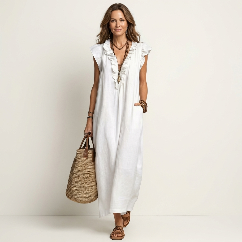 Diane | Ruffle V-Neck Linen Maxi Dress