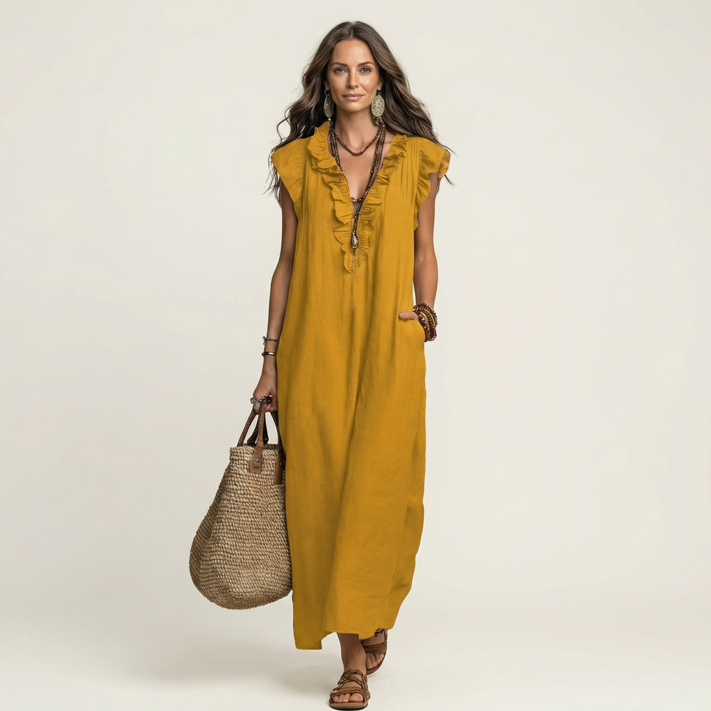 Diane | Ruffle V-Neck Linen Maxi Dress