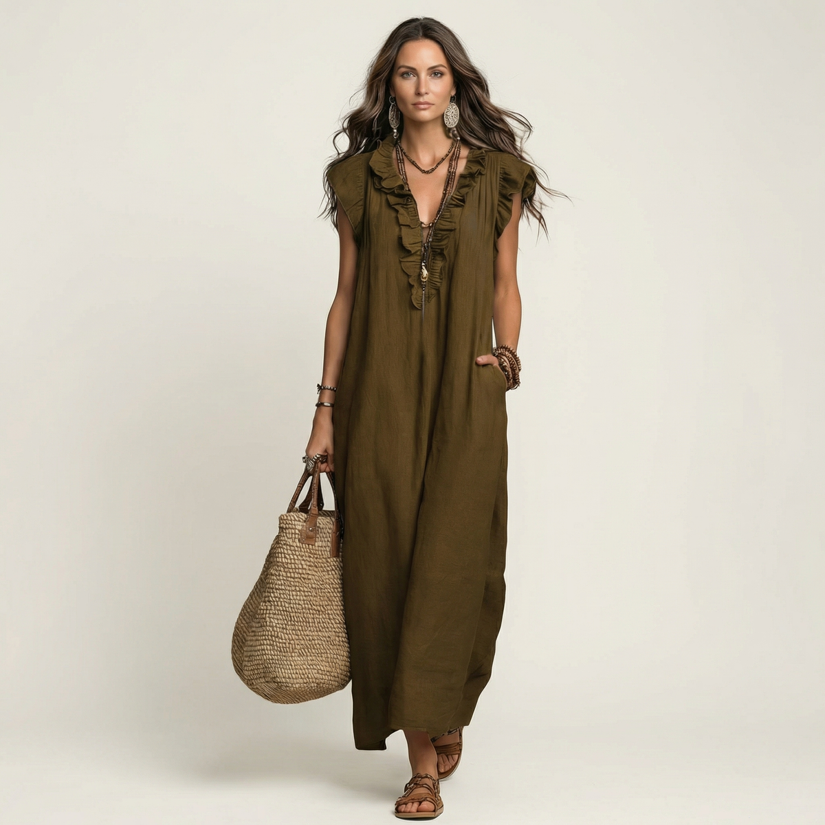 Diane | Ruffle V-Neck Linen Maxi Dress