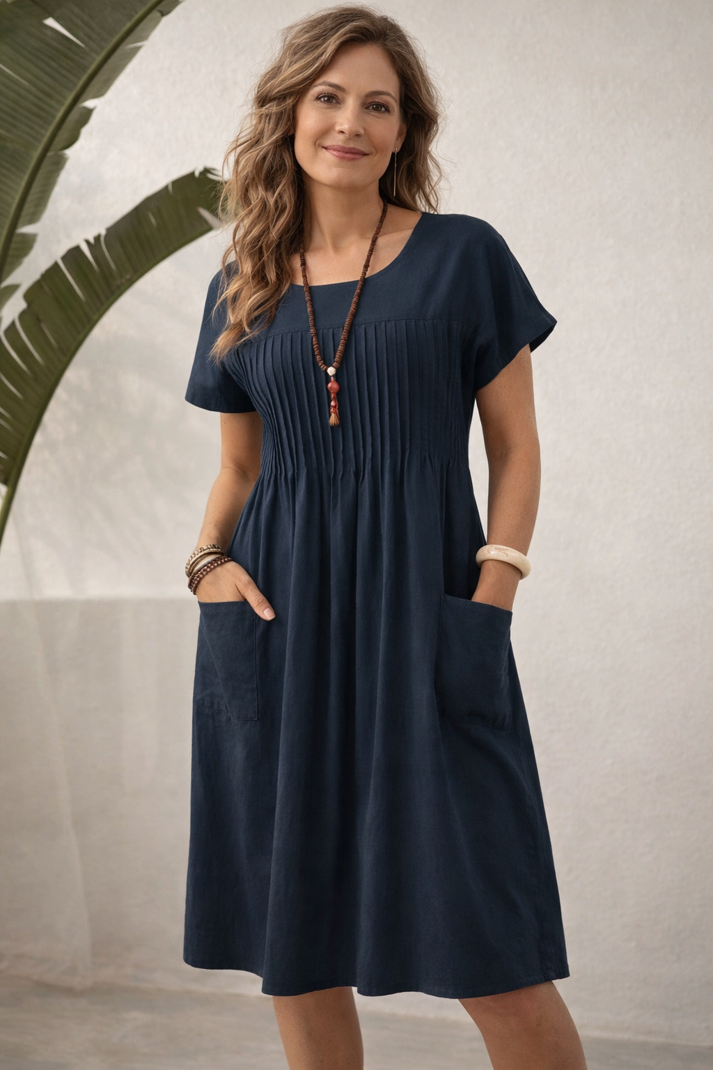 Dorothy | Relaxed Pleated Cotton Midi Dress with Pockets
