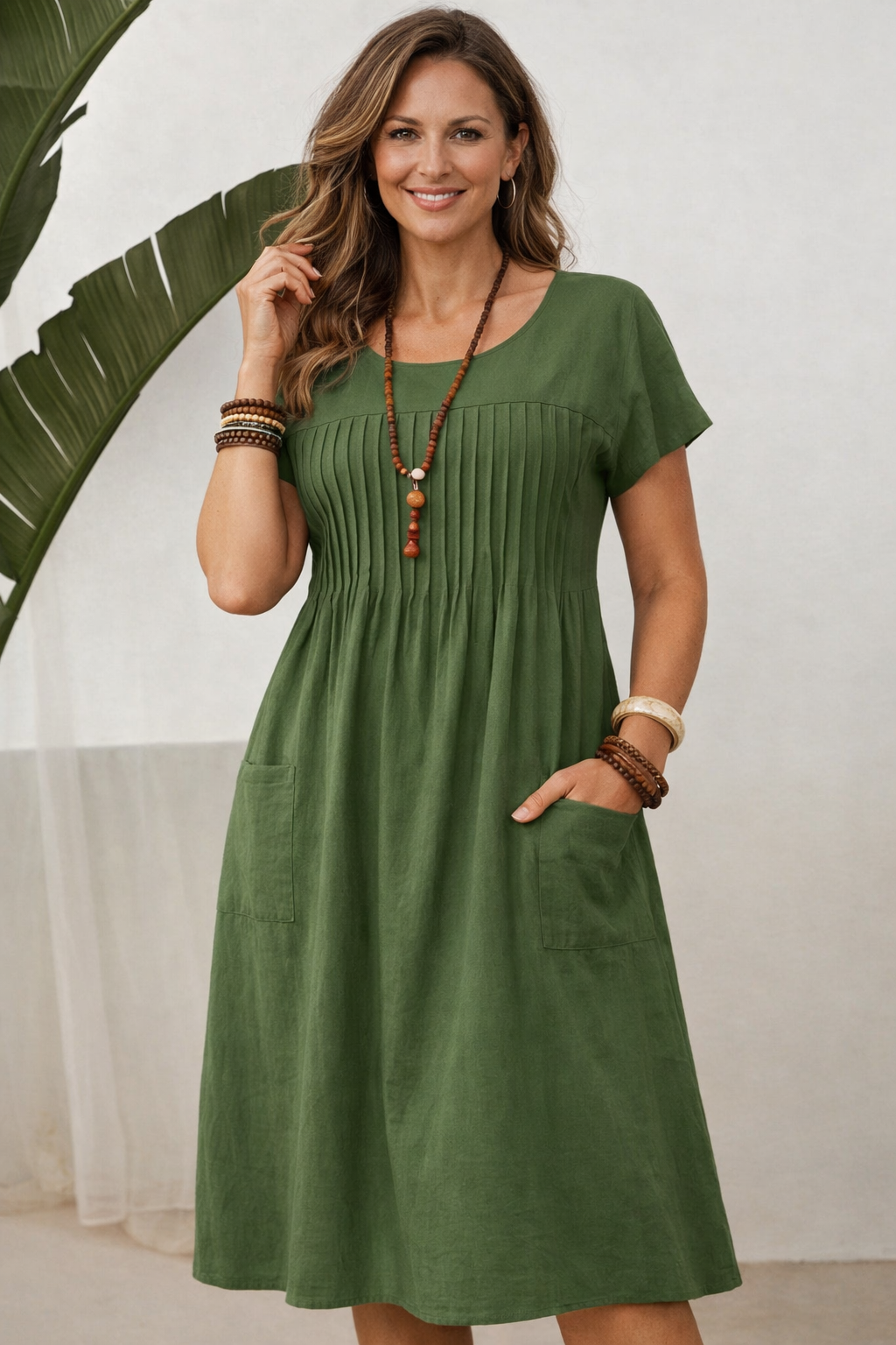 Dorothy | Relaxed Pleated Cotton Midi Dress with Pockets