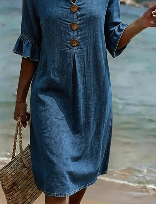 Laura | A-Line Midi Dress with Flutter Sleeves and Button Detail