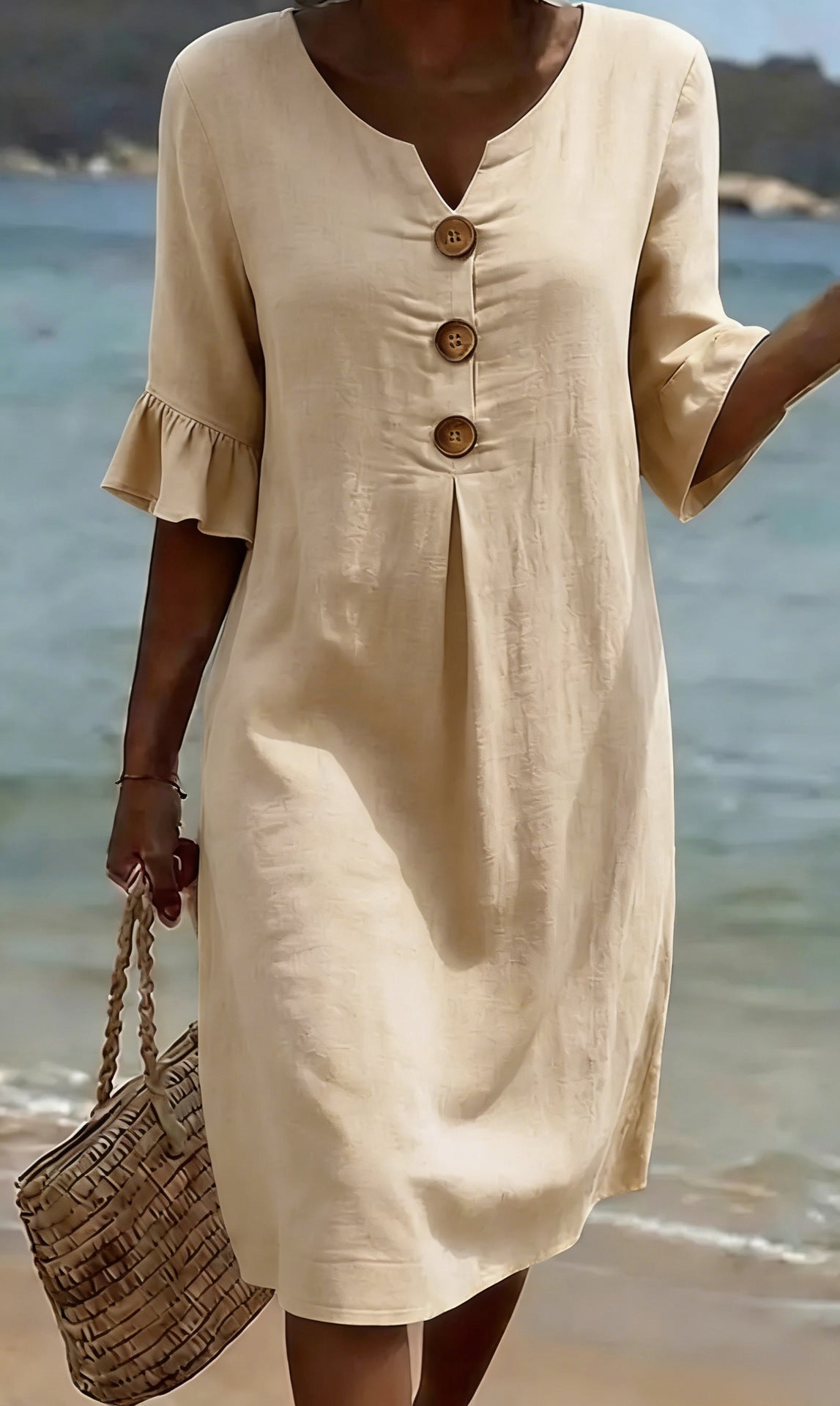 Laura | A-Line Midi Dress with Flutter Sleeves and Button Detail