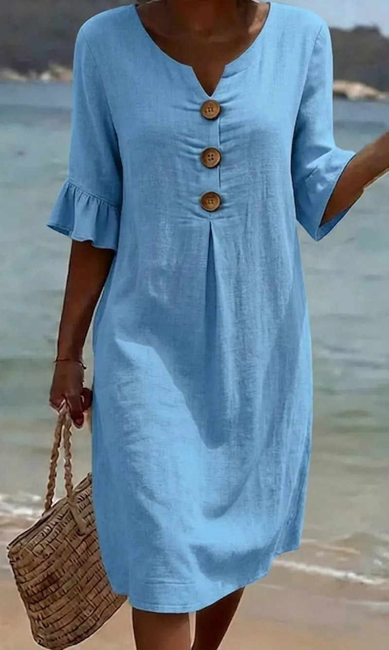 Laura | A-Line Midi Dress with Flutter Sleeves and Button Detail