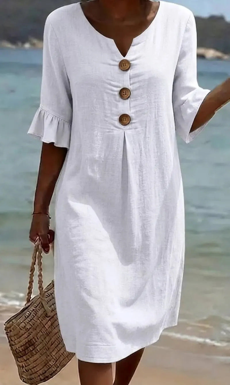 Laura | A-Line Midi Dress with Flutter Sleeves and Button Detail