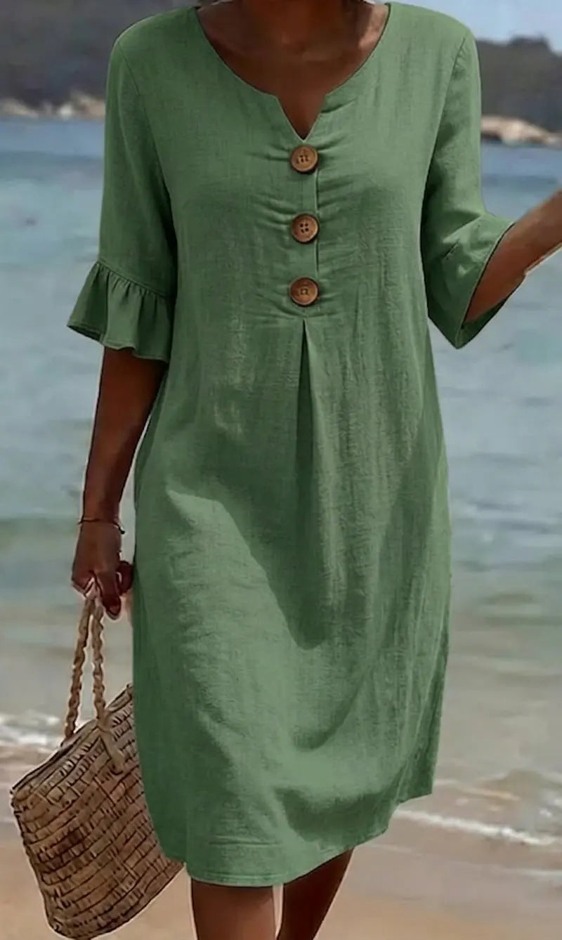 Laura | A-Line Midi Dress with Flutter Sleeves and Button Detail