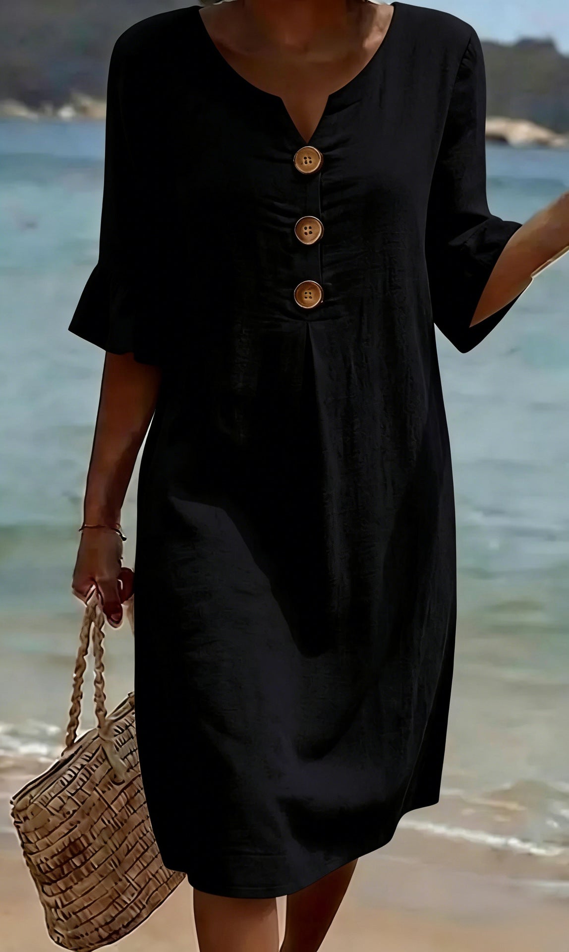 Laura | A-Line Midi Dress with Flutter Sleeves and Button Detail
