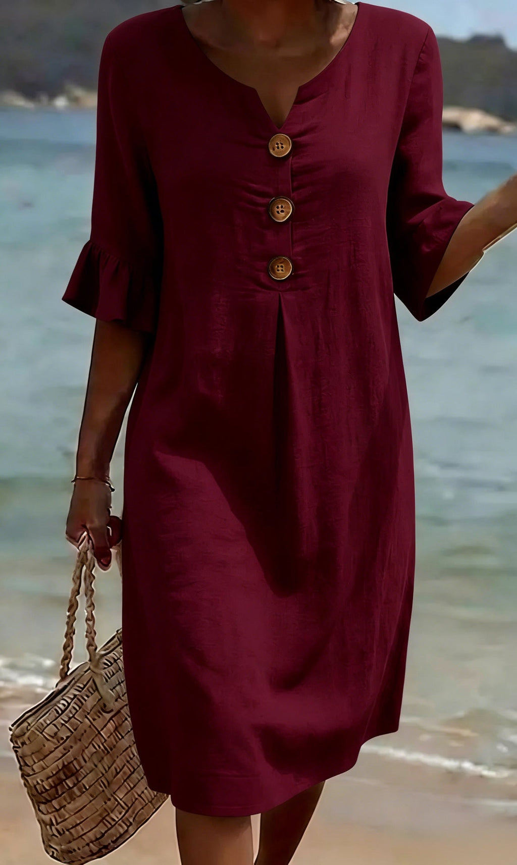 Laura | A-Line Midi Dress with Flutter Sleeves and Button Detail