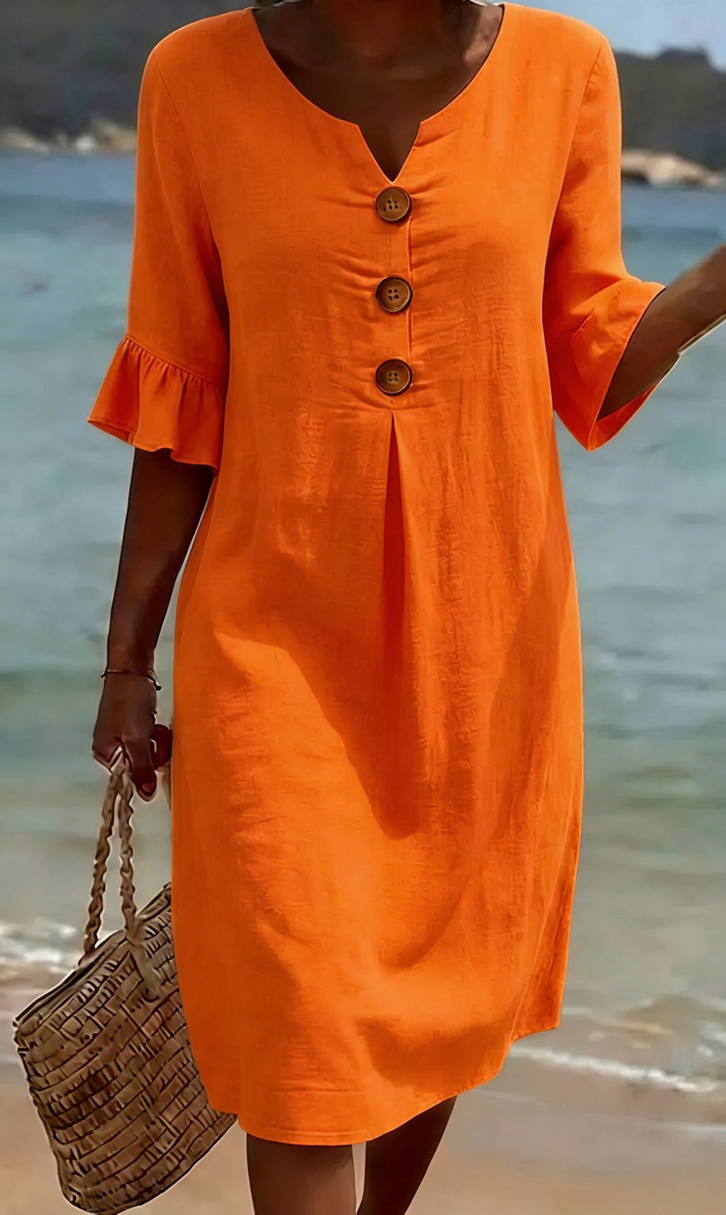 Laura | A-Line Midi Dress with Flutter Sleeves and Button Detail