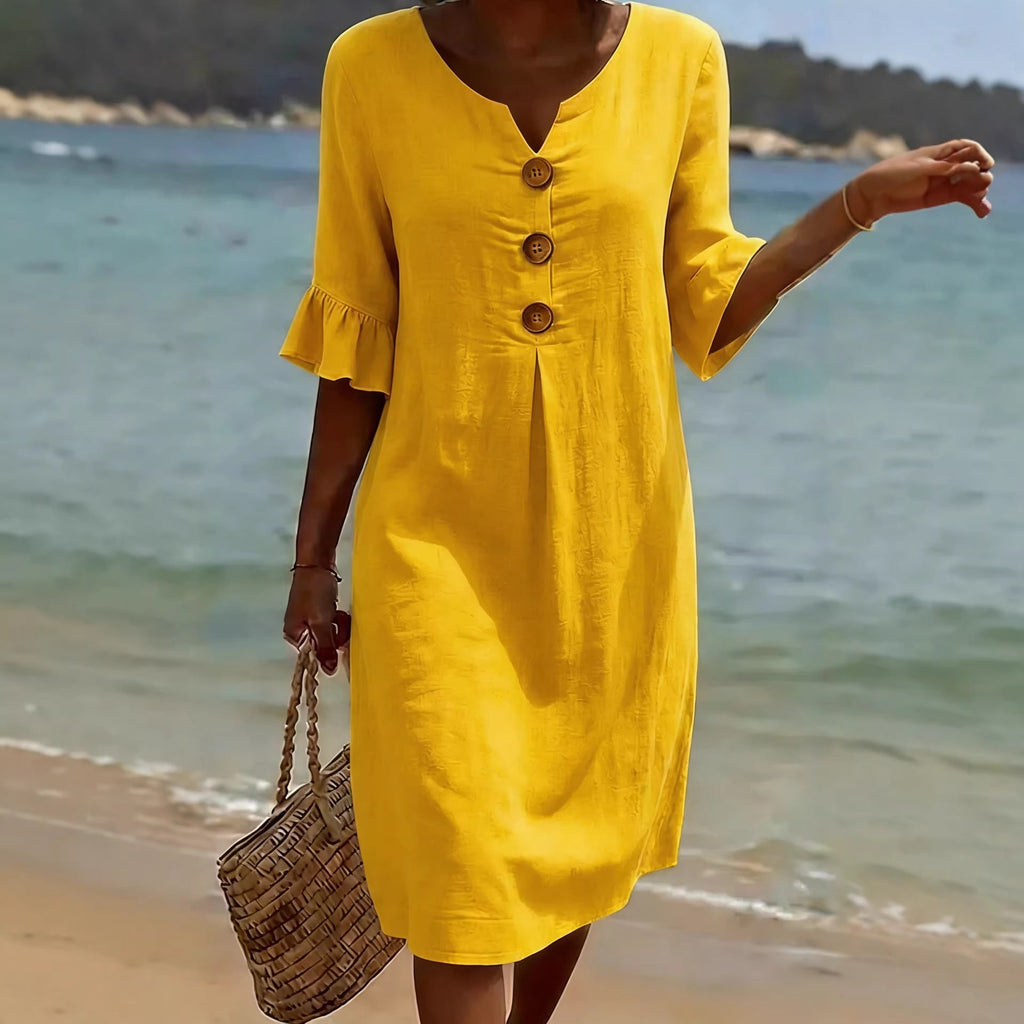 Laura | A-Line Midi Dress with Flutter Sleeves and Button Detail