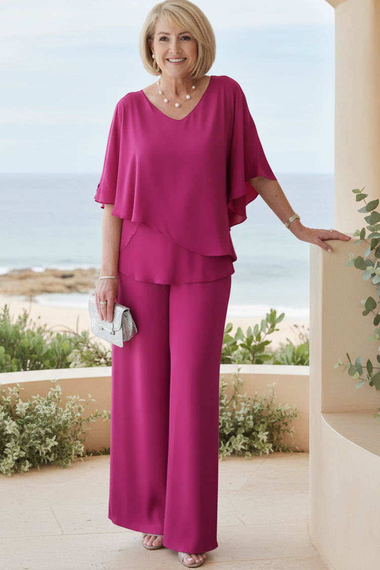 Lisa | Refined Two-Piece Wide-Leg Pant Set with Flowy V-Neck Top