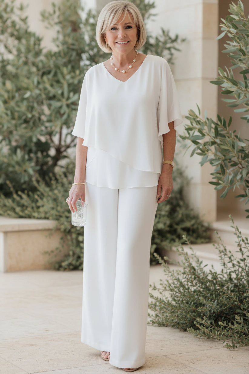 Lisa | Refined Two-Piece Wide-Leg Pant Set with Flowy V-Neck Top