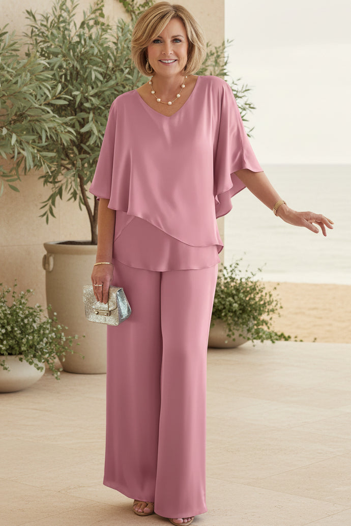 Lisa | Refined Two-Piece Wide-Leg Pant Set with Flowy V-Neck Top