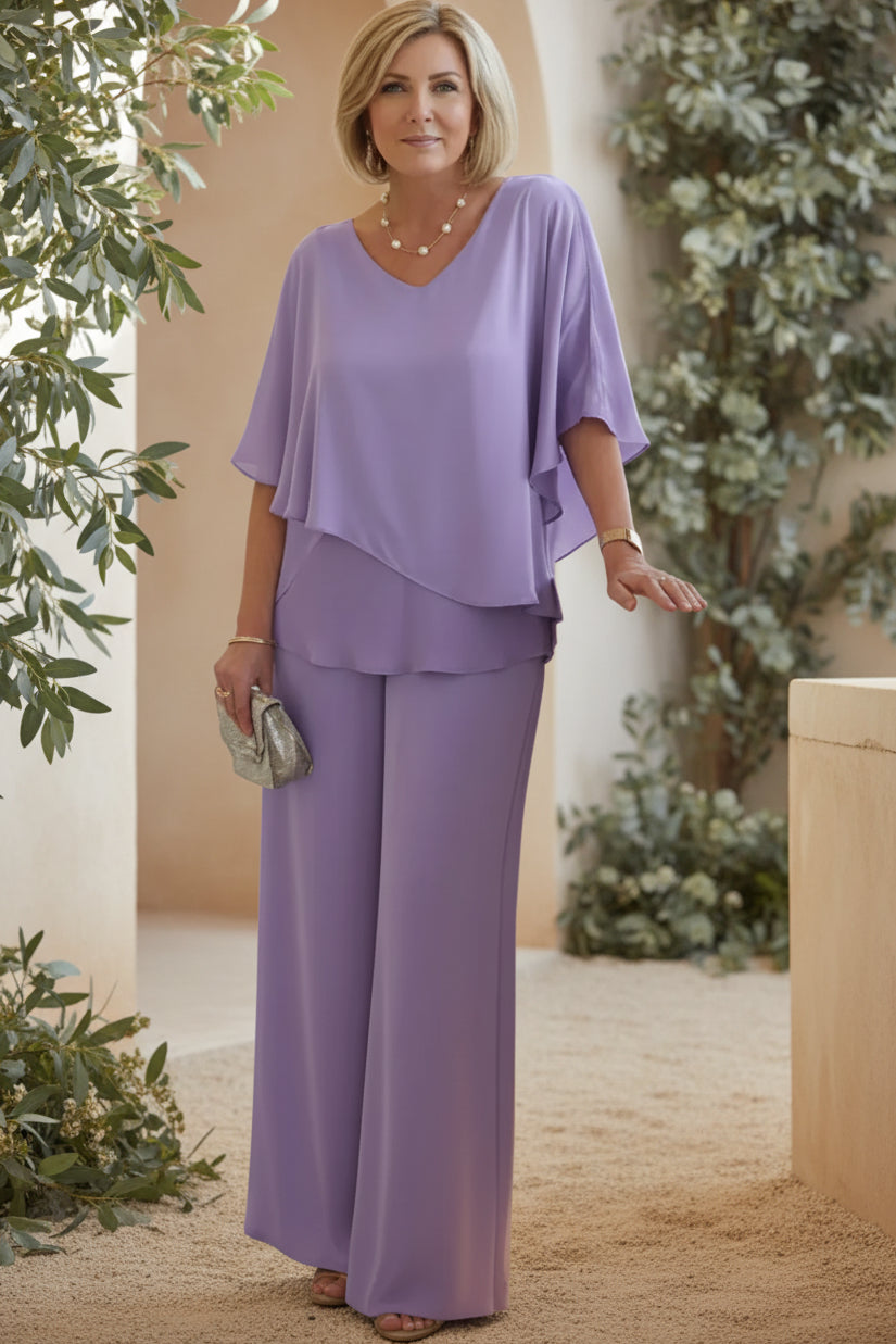 Lisa | Refined Two-Piece Wide-Leg Pant Set with Flowy V-Neck Top